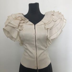 Cream Zip Front Top With Ruffled Shoulders